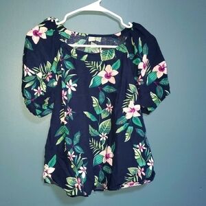 NAVY blue top with pink flowers Small